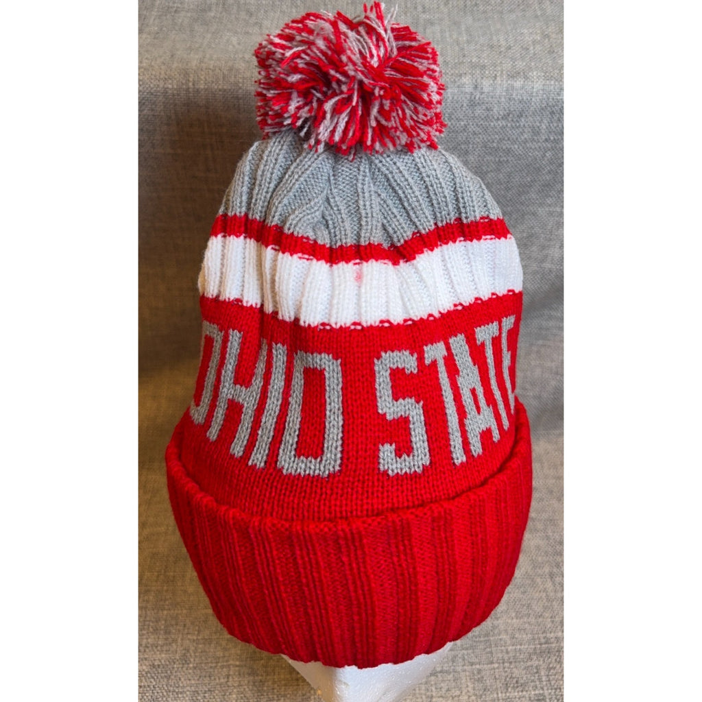 Ohio State Knit Beanie Pom Pom Scarlet Gray White Cuffed Winter Hat