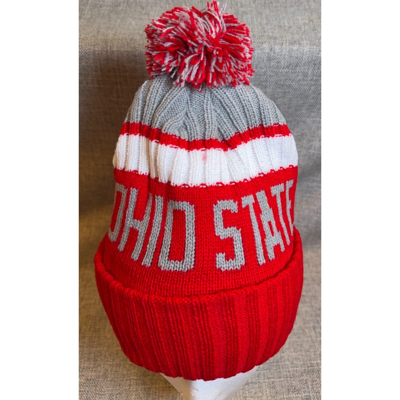 Ohio State Knit Beanie Pom Pom Scarlet Gray White Cuffed Winter Hat