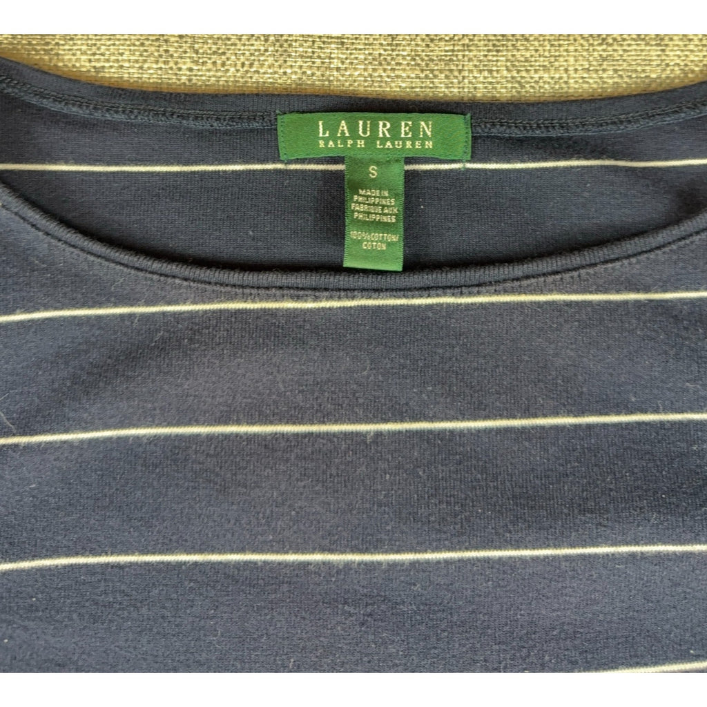 Lauren Ralph Lauren Dress Small Navy White Stripe Boat Neck Cotton Sheath Nautic