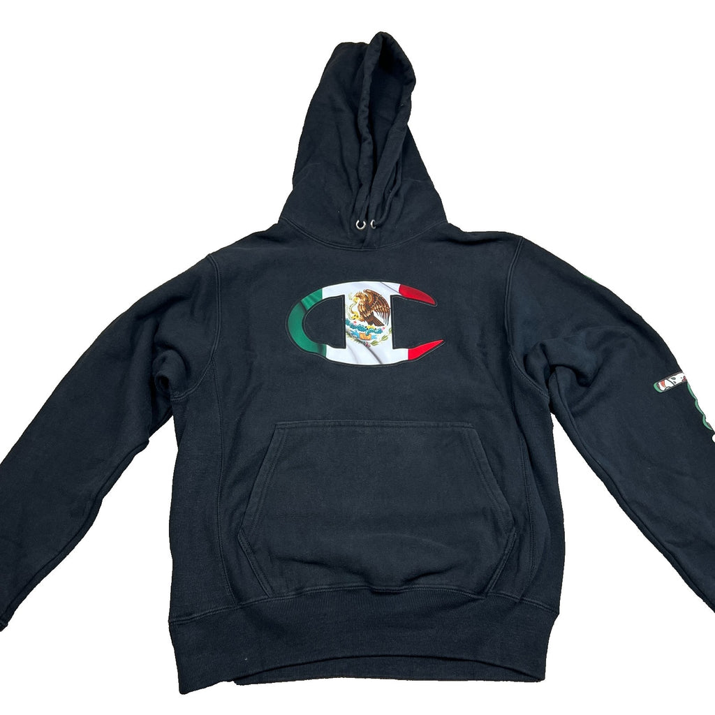 Champion Reverse Weave Mexico Flag Hoodie Mens S Black Sugar Skull Sleeve