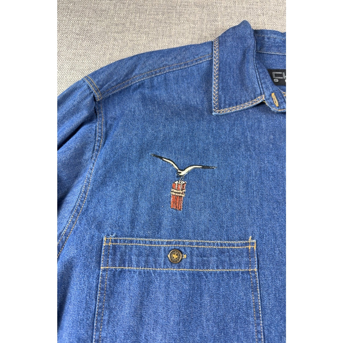 Vintage 90s Claus Sport Womens L Chambray Shirt Embroidered Birds Korea