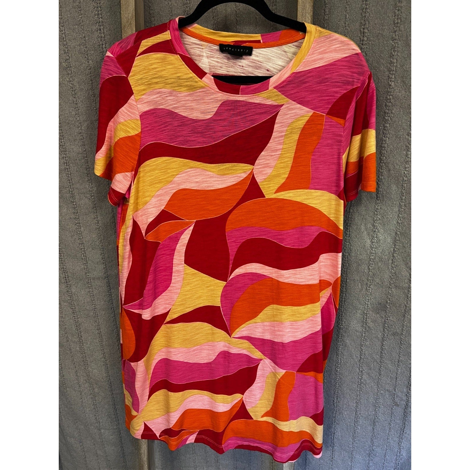 Sanctuary M Bright Abstract Print Open Back Blouse Pink Orange Mod Retro Top