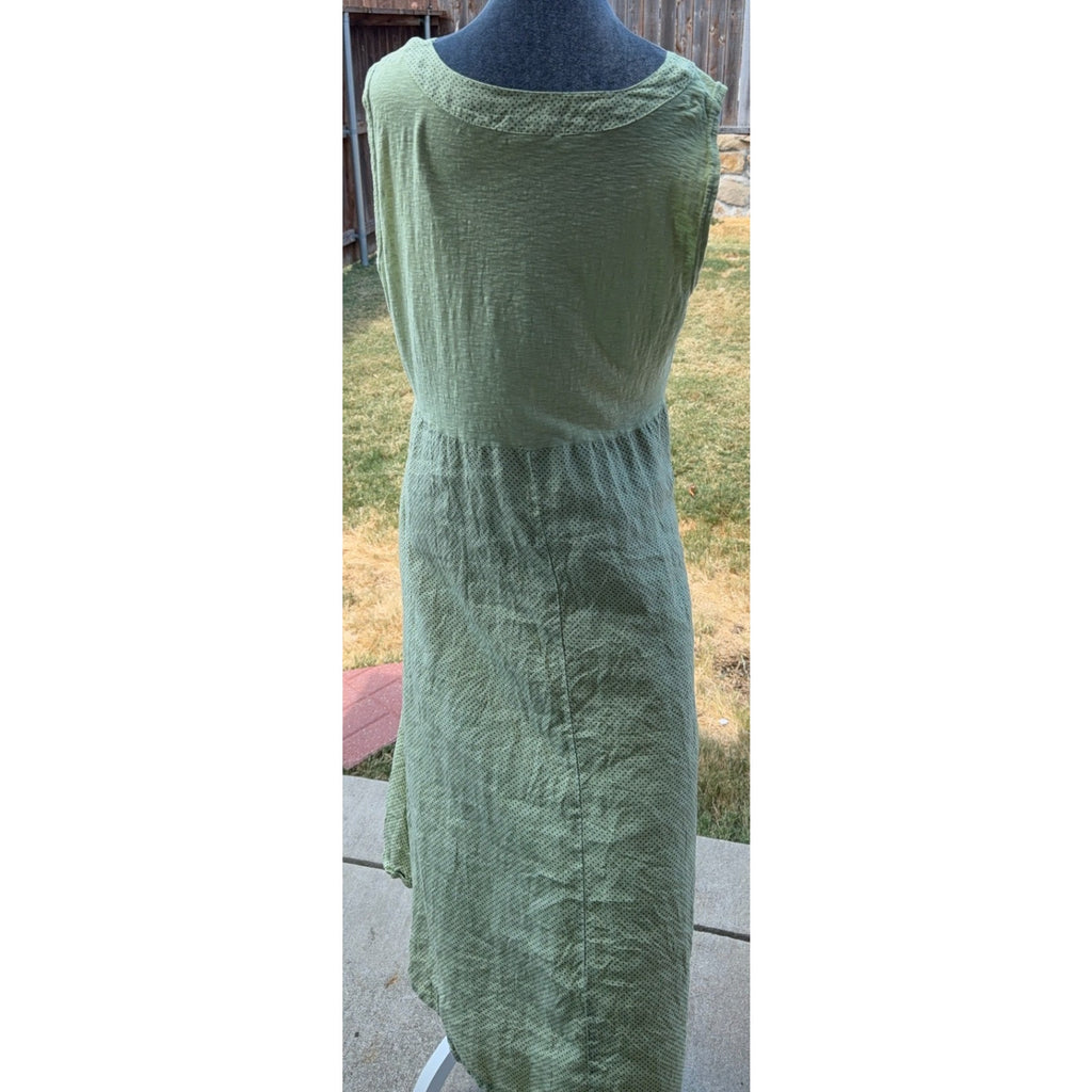 Cut Loose Dress Womens L Olive Green Linen Cotton Polka Dot Lagenlook Maxi USA
