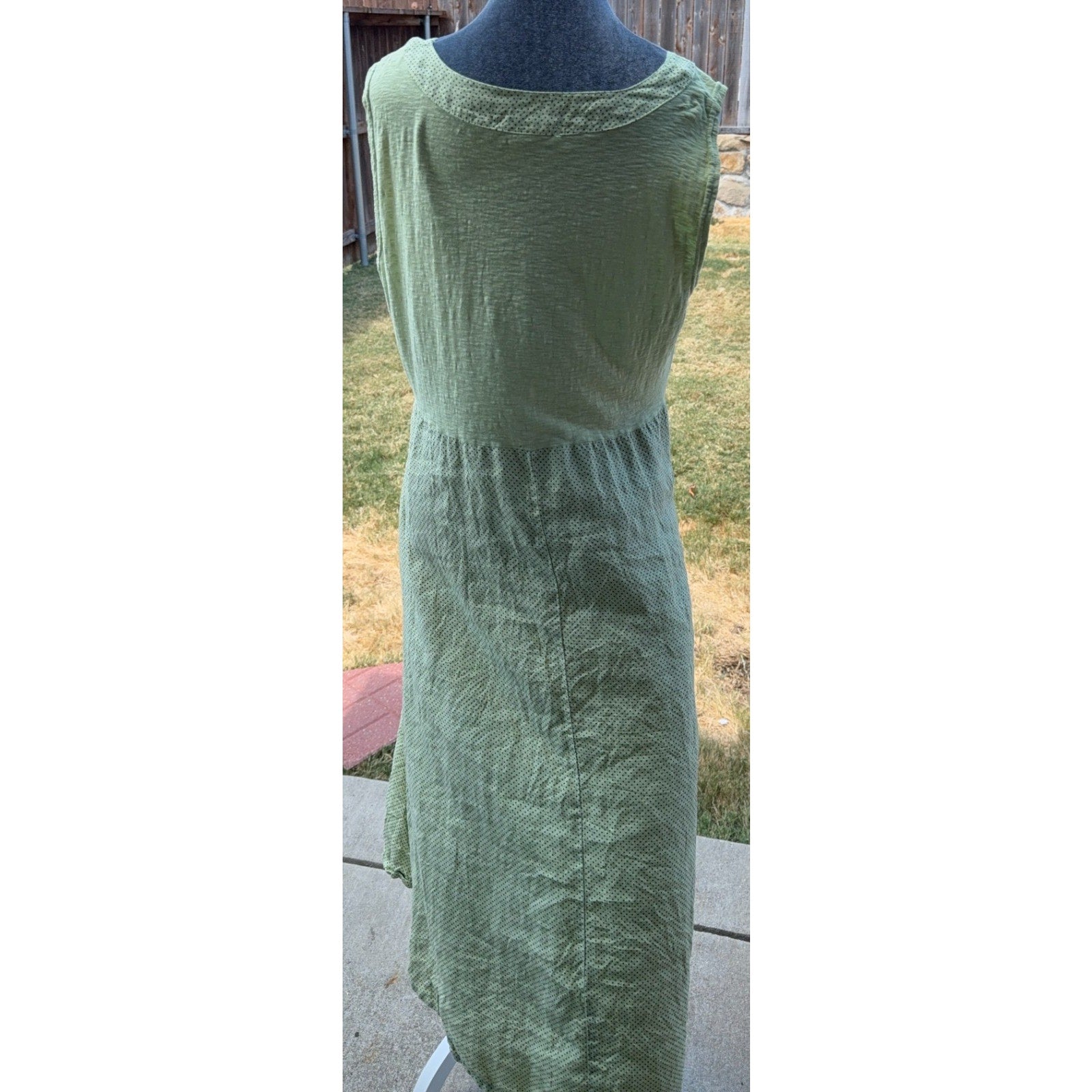 Cut Loose Dress Womens L Olive Green Linen Cotton Polka Dot Lagenlook Maxi USA