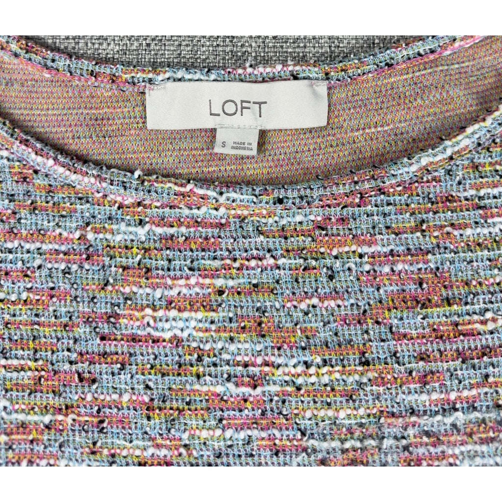LOFT Womens S Multicolor Boucle Tweed Knit Puff Sleeve Top Short Sleeve