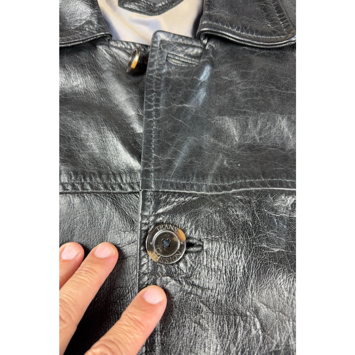 Transmission Leather Company Black Genuine Leather Jacket Mens XL Car Coat Y2K