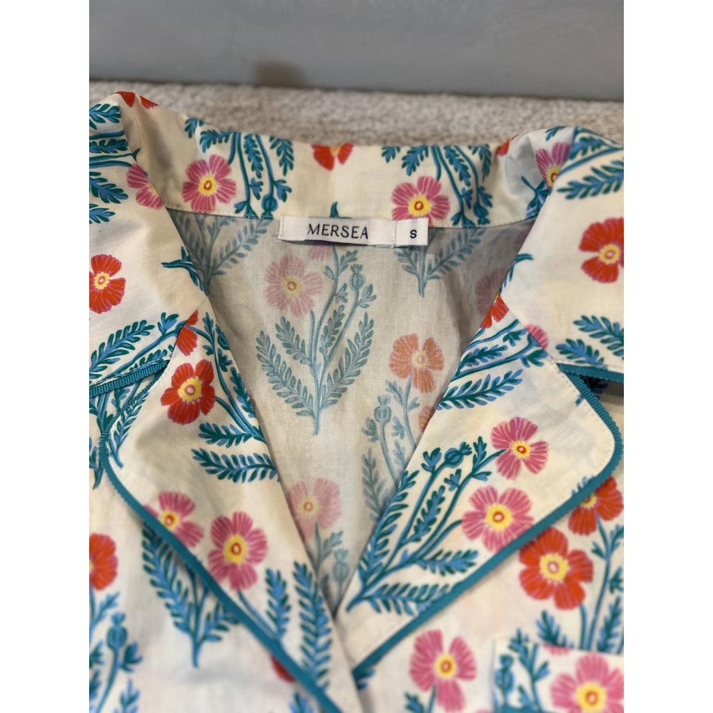 Mersea Floral Pajama Top Womens Small Cotton Button Front Lounge Sleep Shirt Cot