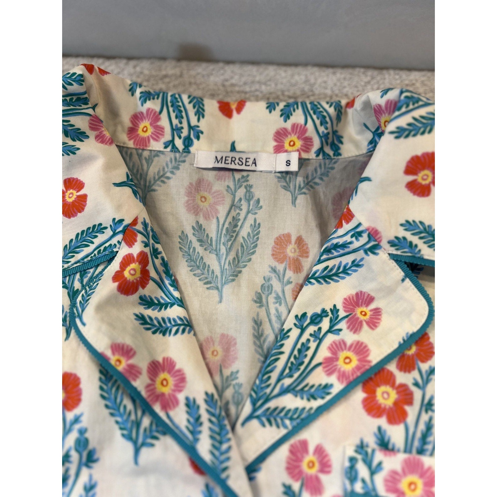 Mersea Floral Pajama Top Womens Small Cotton Button Front Lounge Sleep Shirt Cot
