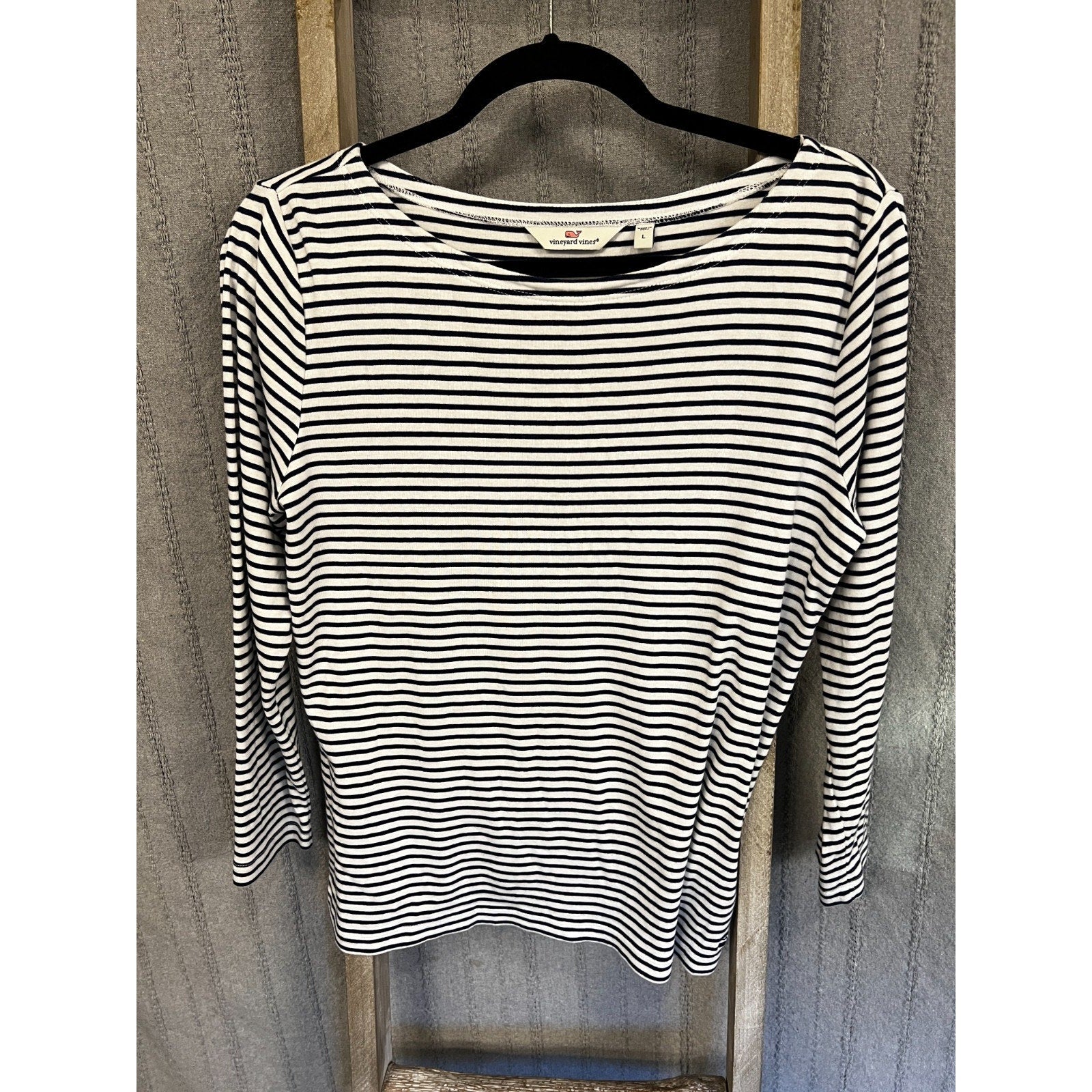 Vineyard Vines Womens Large Navy White Striped Pima Cotton Modal Boat Neck Top