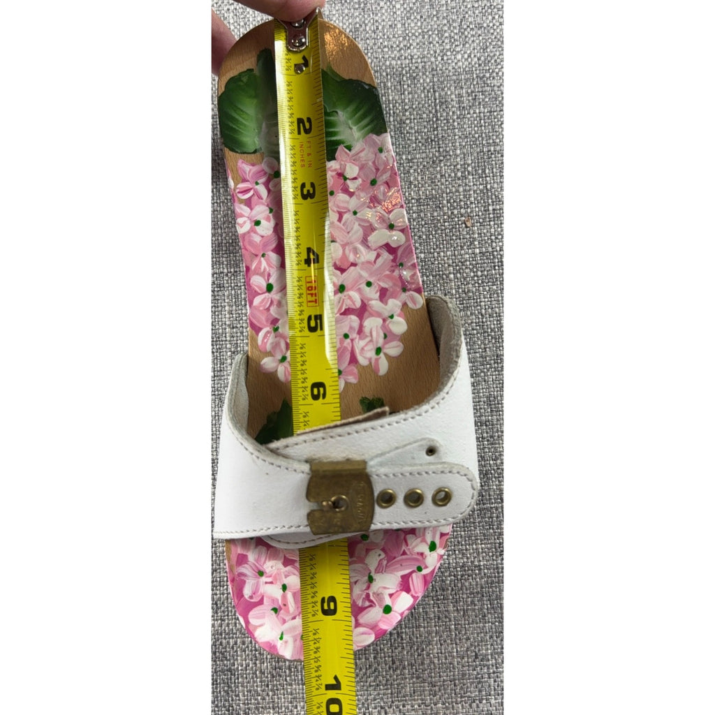 Vintage Style Hand Painted Floral Wooden Clogs White Leather Hydrangea Sandals