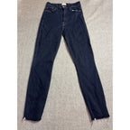 MOTHER The Swooner Crop Fray Jeans Womens 27 Dark Wash High Rise Raw Hem