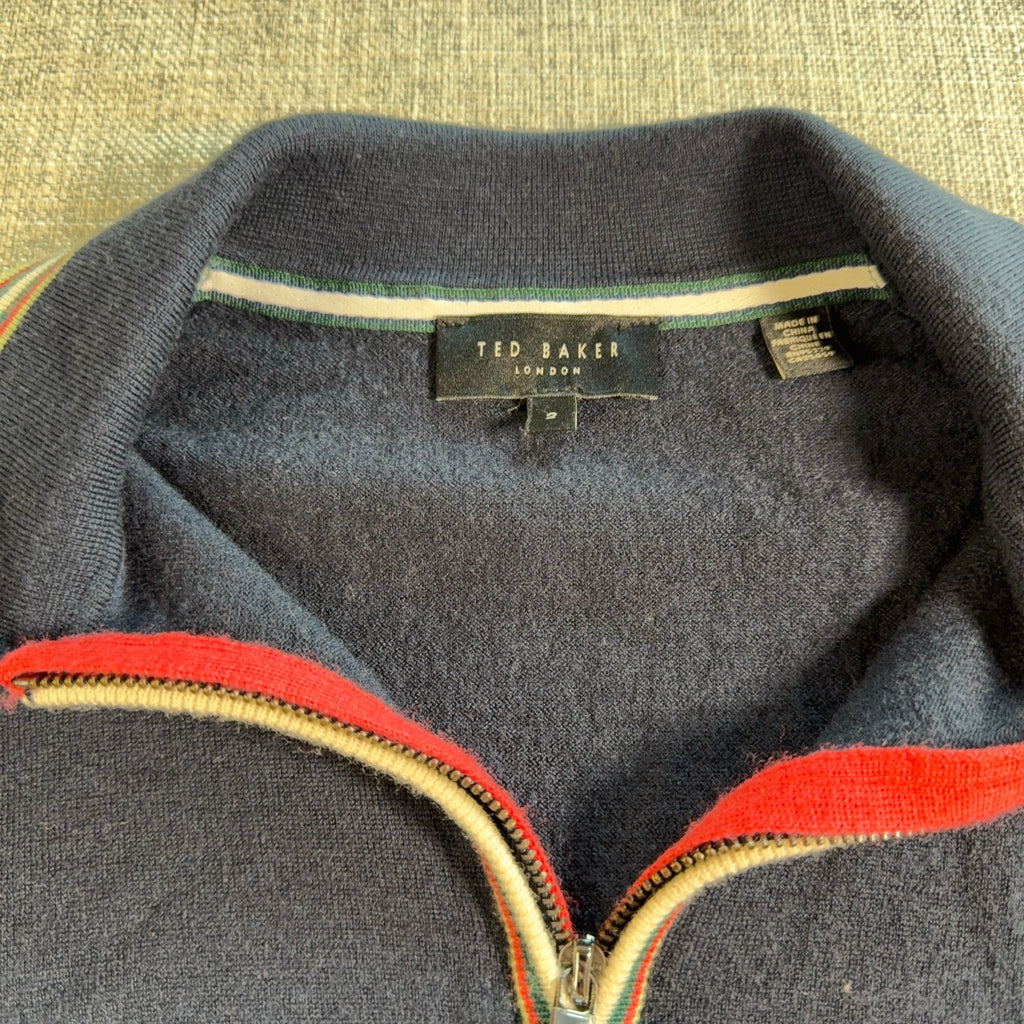 Ted Baker London Wool Knit Polo Shirt Womens Size 2 Navy Quarter Zip Short Sleev