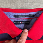 Tommy Hilfiger Mens L Polo Shirt Red Navy White Stripe 100% Cotton Y2K Preppy