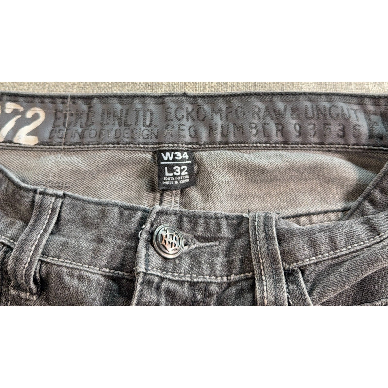 Ecko Unltd Jeans Mens 34x30 Gray Denim Straight Leg Y2K Streetwear 100% Cotton