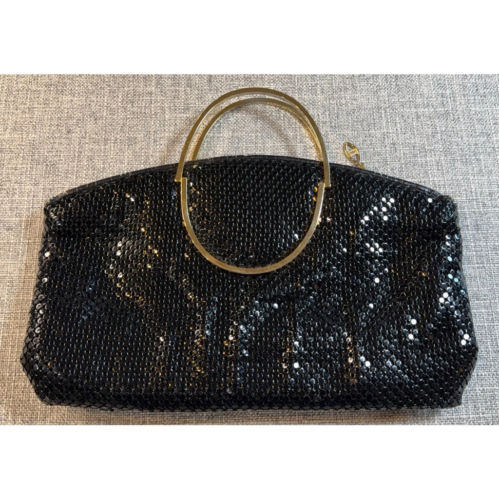 Black Metal Mesh Evening Bag Gold Ring Handles Chainmail Clutch Purse