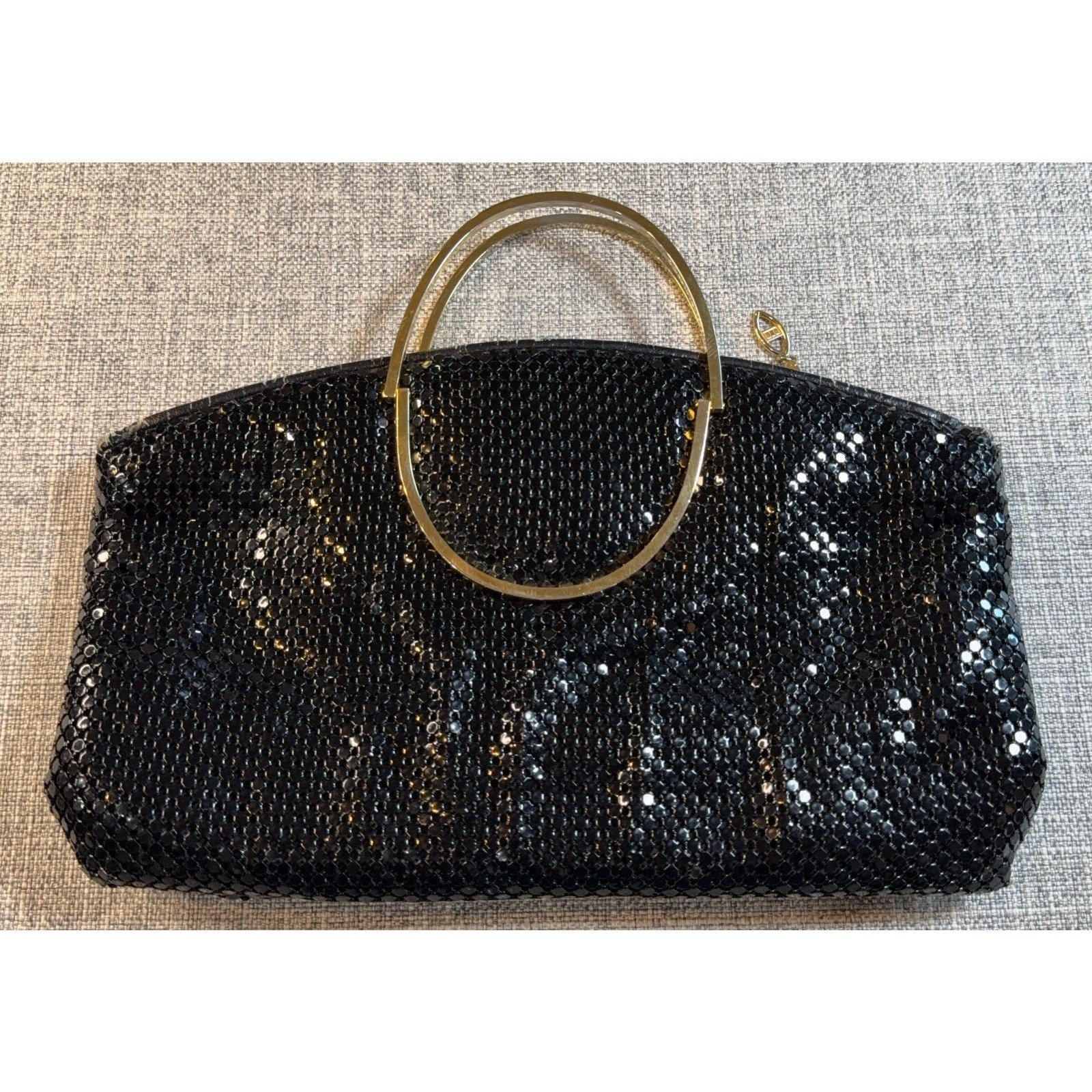 Black Metal Mesh Evening Bag Gold Ring Handles Chainmail Clutch Purse