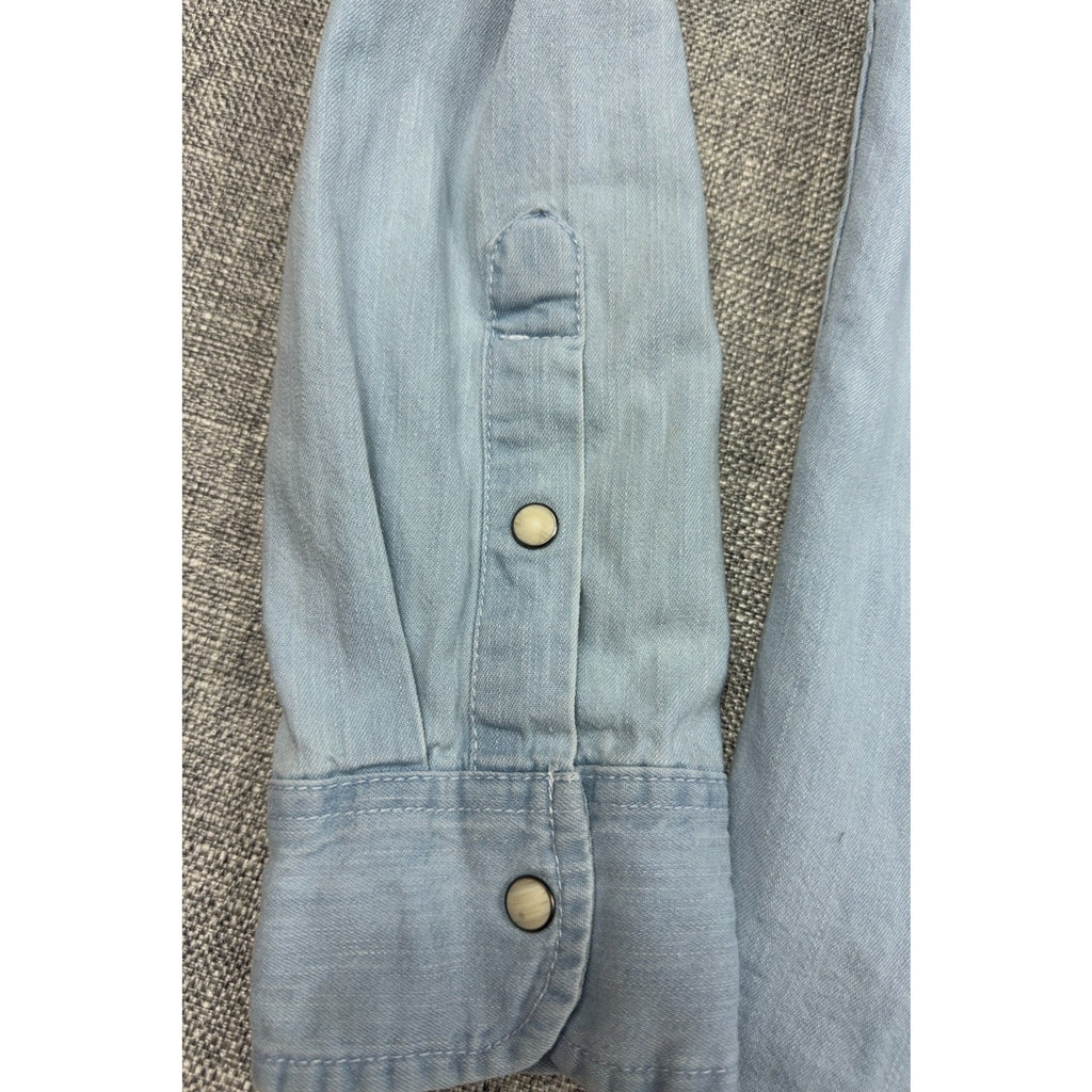 Pull&Bear Mens M Light Wash Denim Western Pearl Snap Shirt Flawed Cotton