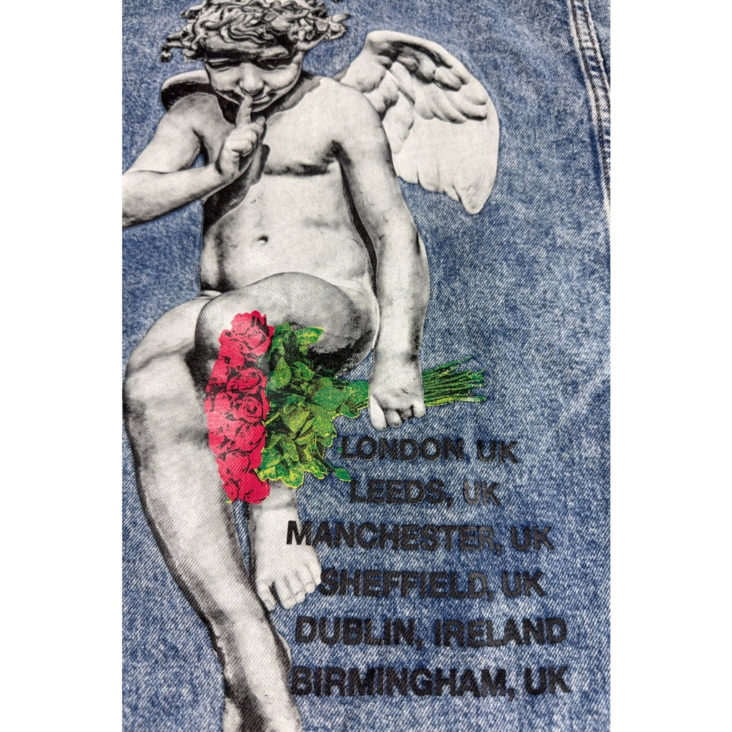 H&M Young Thug Denim Jacket Mens Small Acid Wash Cherub Angel Graphic Blue
