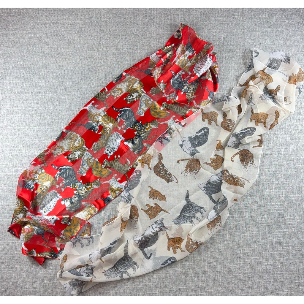 Vintage Cat Print Scarf Lot 2 City Silk Co Red Ivory Sheer Made in Korea