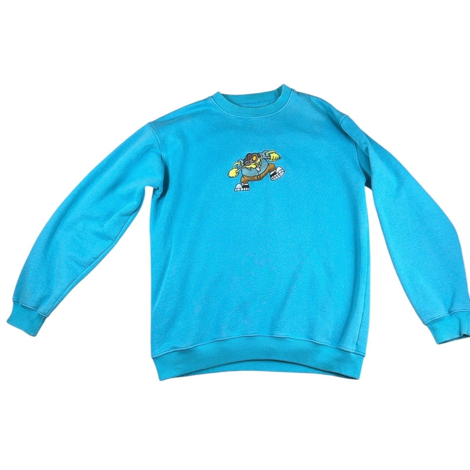 Mens Turquoise Embroidered Cartoon Rat Golf Crewneck Sweatshirt Size L Oversized