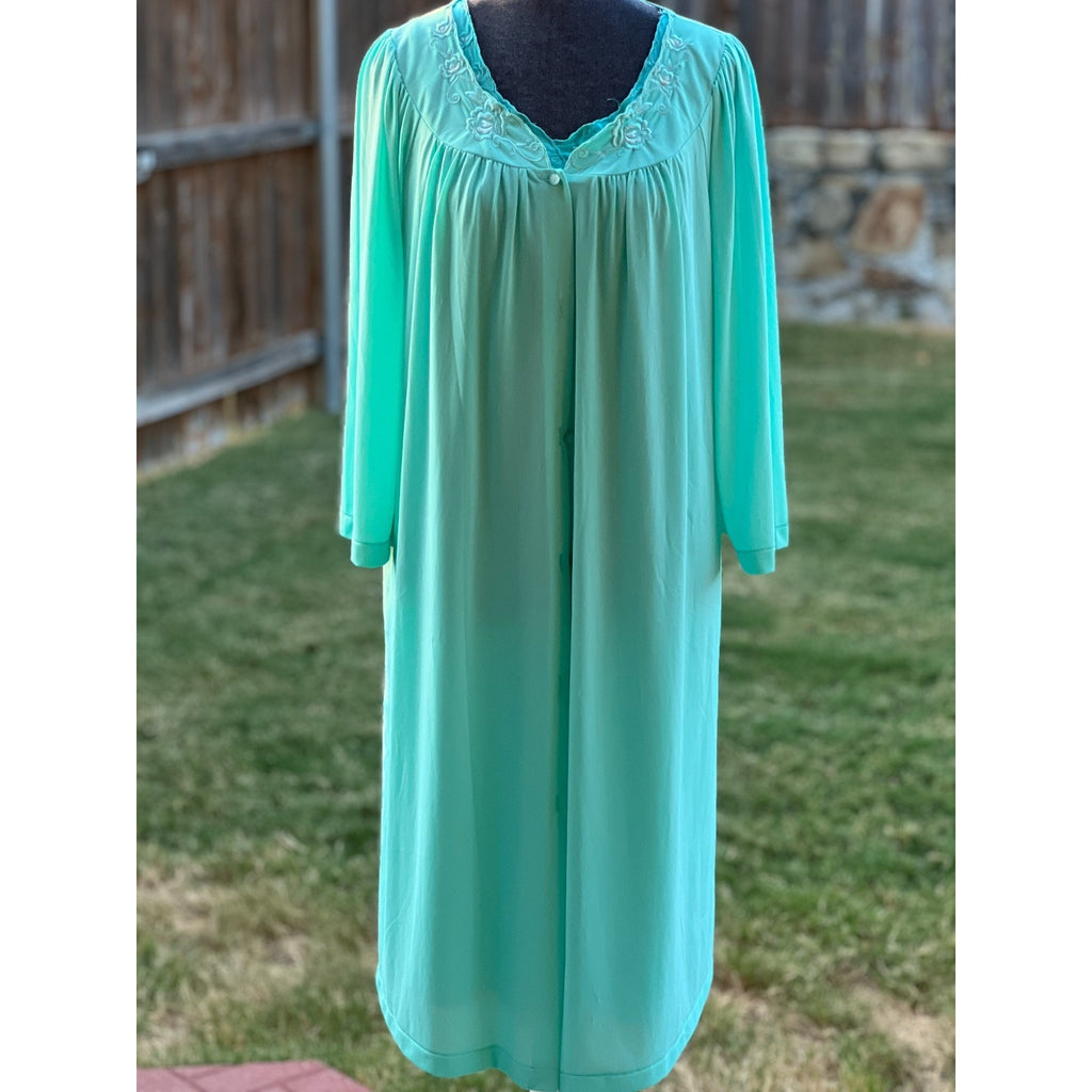 Vintage 60s 70s Aqua Peignoir Set Nightgown Robe Embroidered Floral Lingerie