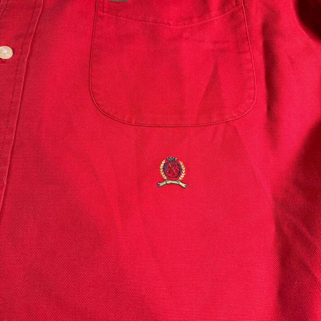 Tommy Hilfiger Shirt Mens Large Red Button Down Crest Logo Y2K 2001 Cotton