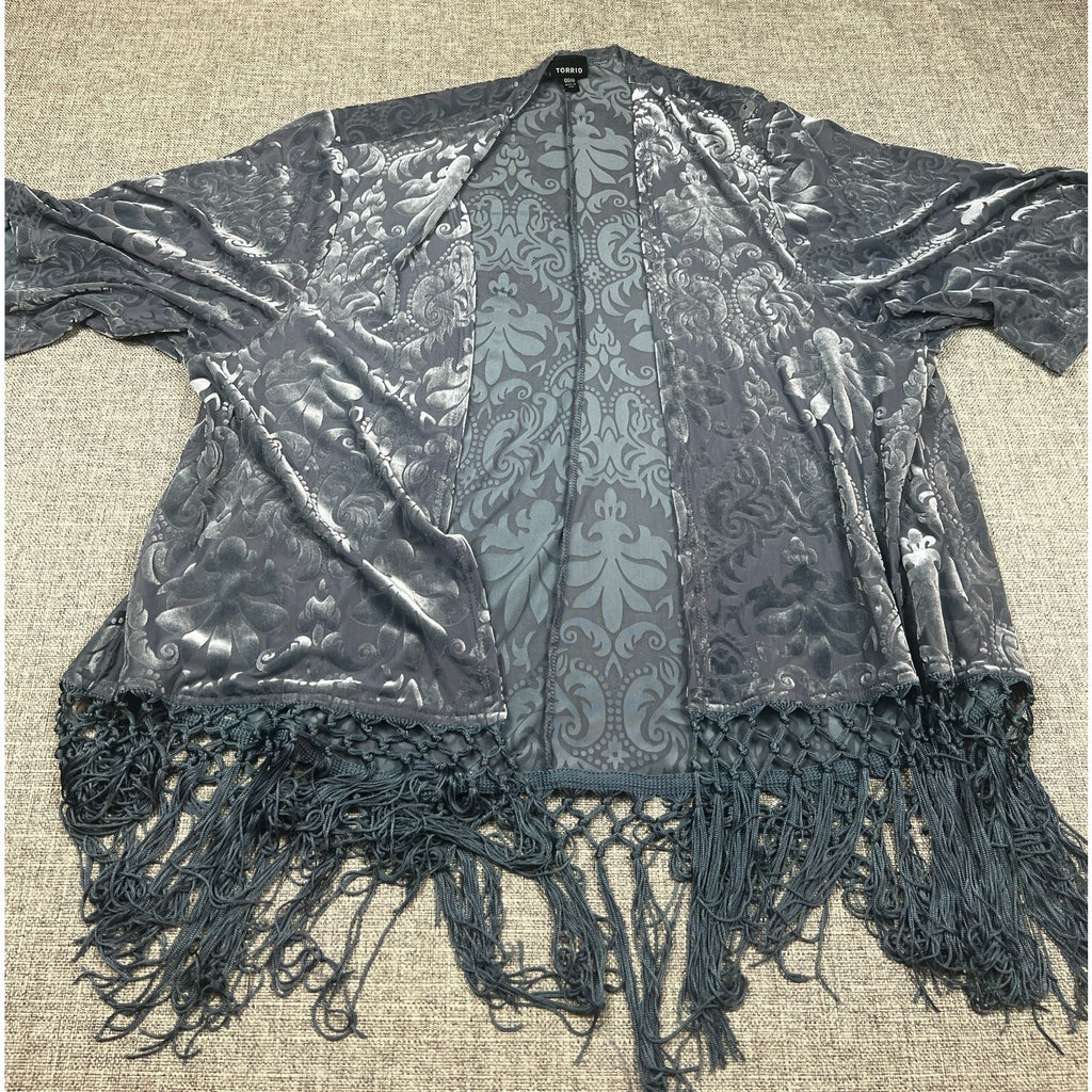 Torrid 00/0 Gray Velvet Burnout Fringe Kimono Duster Boho Made USA
