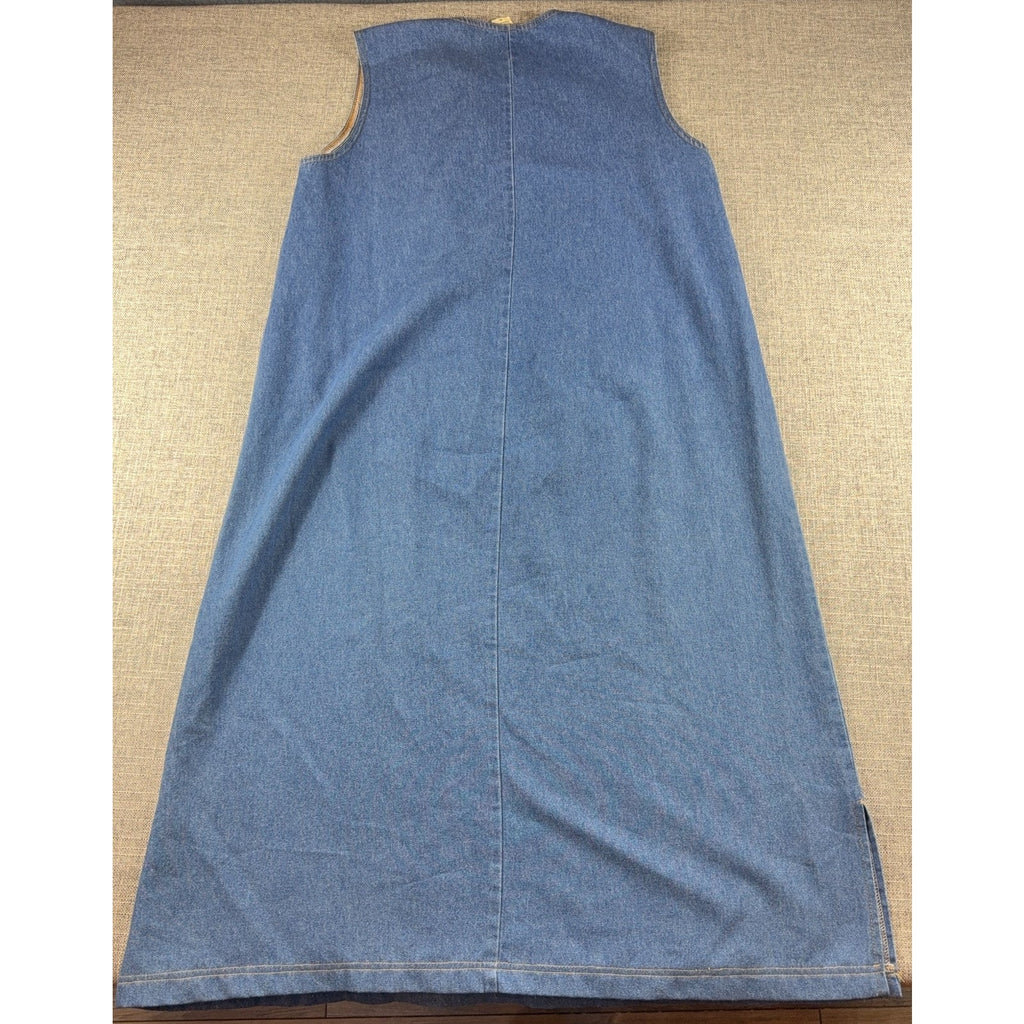 Vintage 90s Denim Maxi Jumper Dress Womens XL Giraffe Applique Rhinestone USA