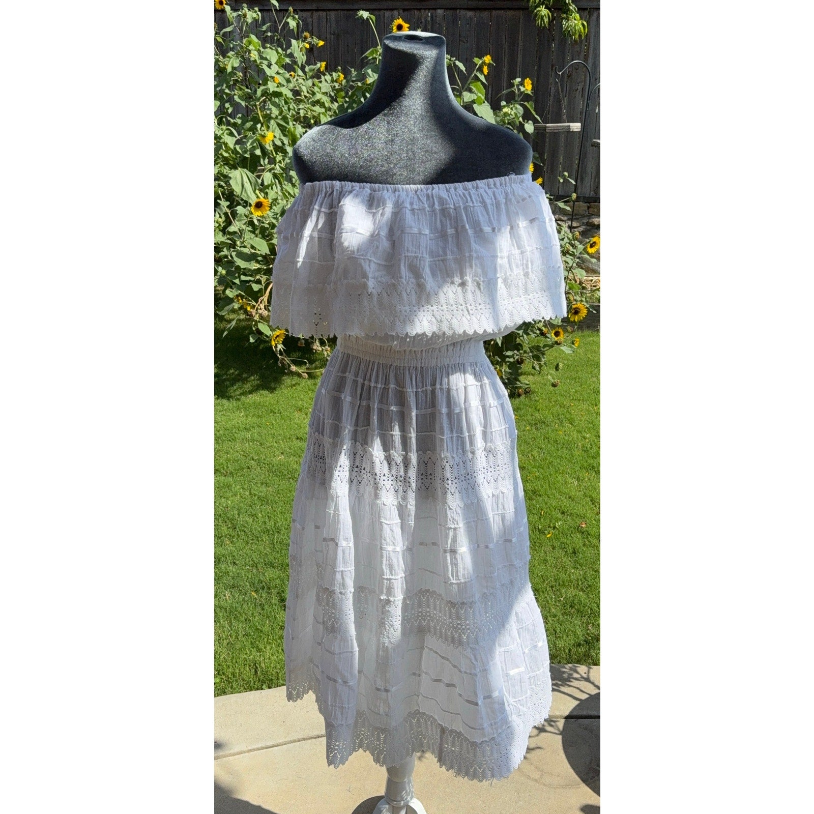 White Off Shoulder Lace Tiered Cottagecore Dress