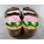 Vintage Style Hand Painted Floral Wooden Clogs White Leather Hydrangea Sandals