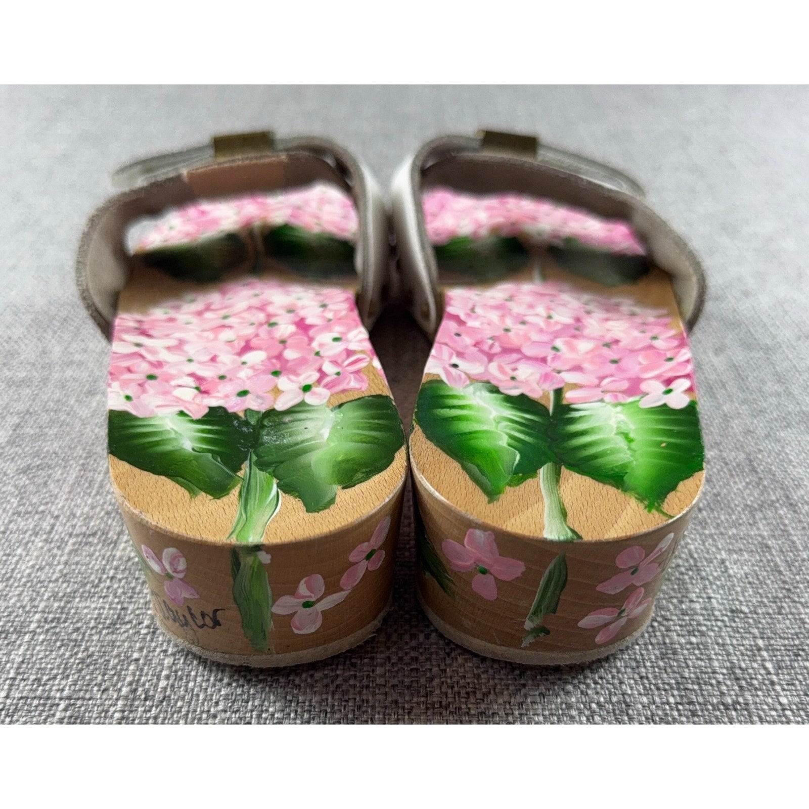 Vintage Style Hand Painted Floral Wooden Clogs White Leather Hydrangea Sandals