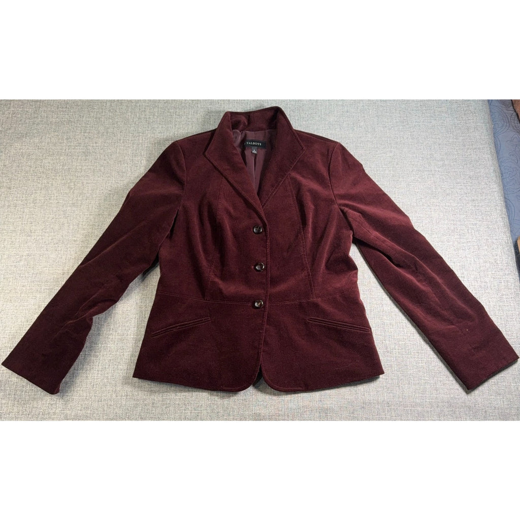 Talbots Women’s Velvet Blazer Size 8 Burgundy Wine Cotton Stretch Lined Jacket