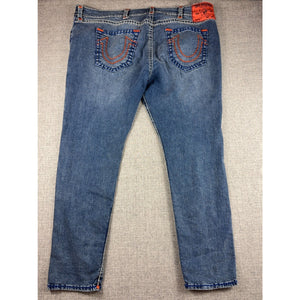 True Religion Rocco Relaxed Skinny Jeans Mens 44 Blue Orange Contrast Stitch
