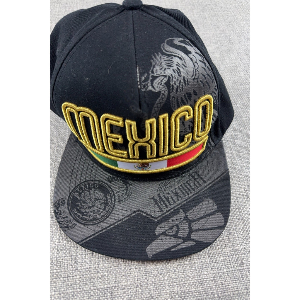 Top Level Mexico Snapback Hat Black Gold Embroidered Mexican Flag Eagle Cap