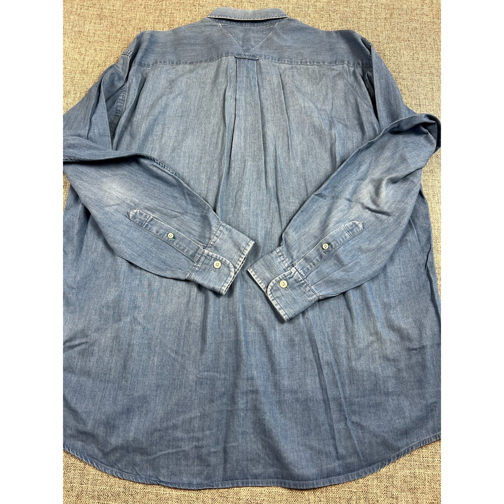 Vintage 90s Tommy Hilfiger Chambray Shirt Mens 16-35 L Hong Kong Crest