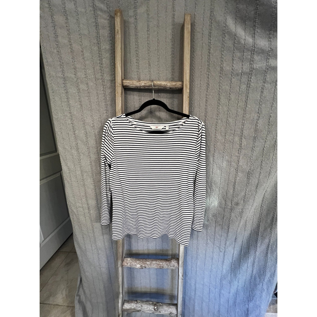 Vineyard Vines Womens Large Navy White Striped Pima Cotton Modal Boat Neck Top