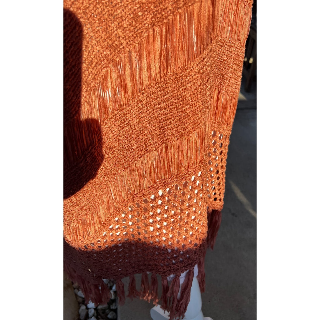 Favlux Rust Crochet Duster Cardigan Women L Fringe Boho Kimono Open Knit