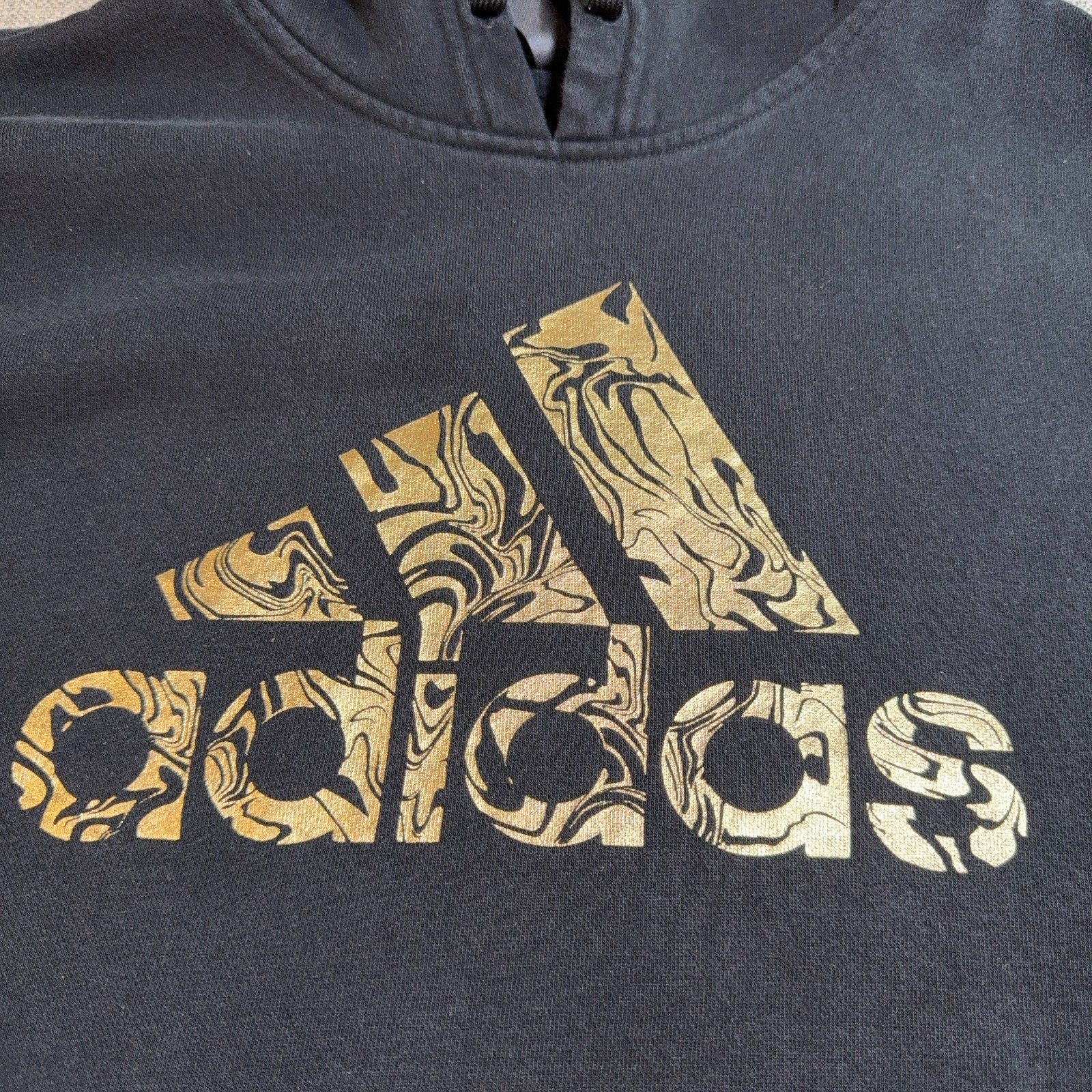 Adidas HK9146 Hoodie Mens M Black Gold Foil Logo Pullover Sweatshirt Faded
