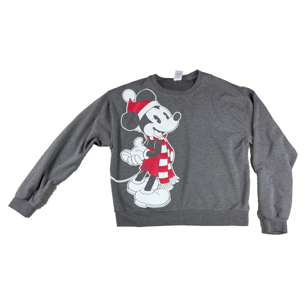 Disney Mickey Mouse Christmas Sweatshirt M Gray Santa Hat Scarf Holiday Graphic