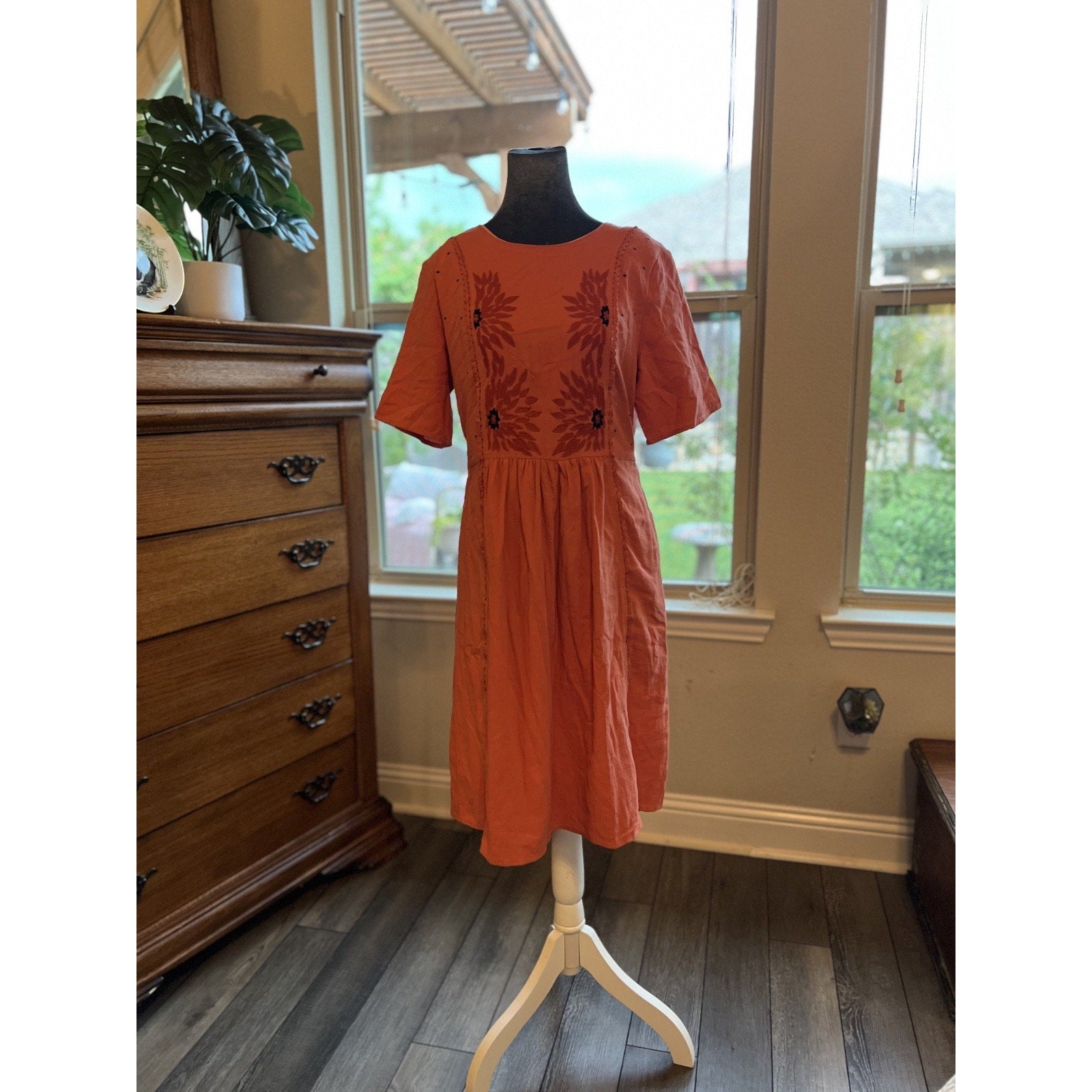 ROOLEE Womens Embroidered Boho Midi Dress Coral Prairie Cottagecore NWT Medium