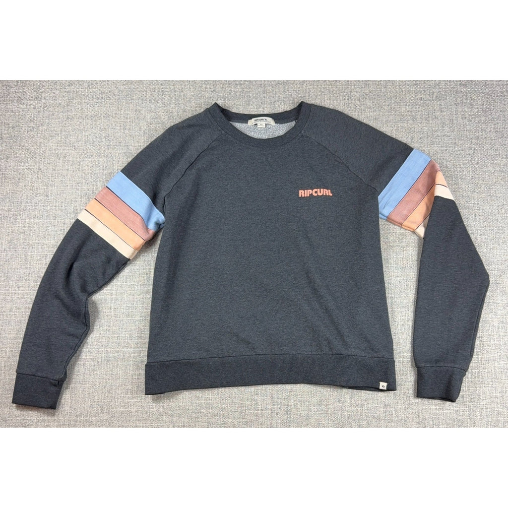 Rip Curl Womens XS Crewneck Sweatshirt Gray Retro Stripe Sleeve Surf Pullover