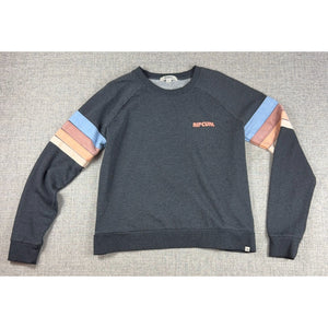 Rip Curl Womens XS Crewneck Sweatshirt Gray Retro Stripe Sleeve Surf Pullover