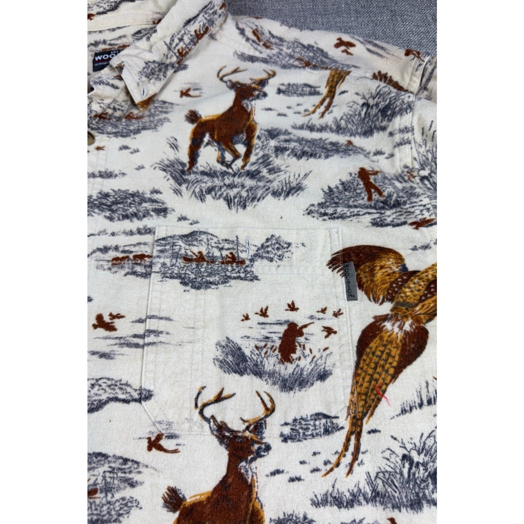 Woolrich Mens XL Hunting Shirt Pheasant Deer Wildlife Print Button Down Outdoor