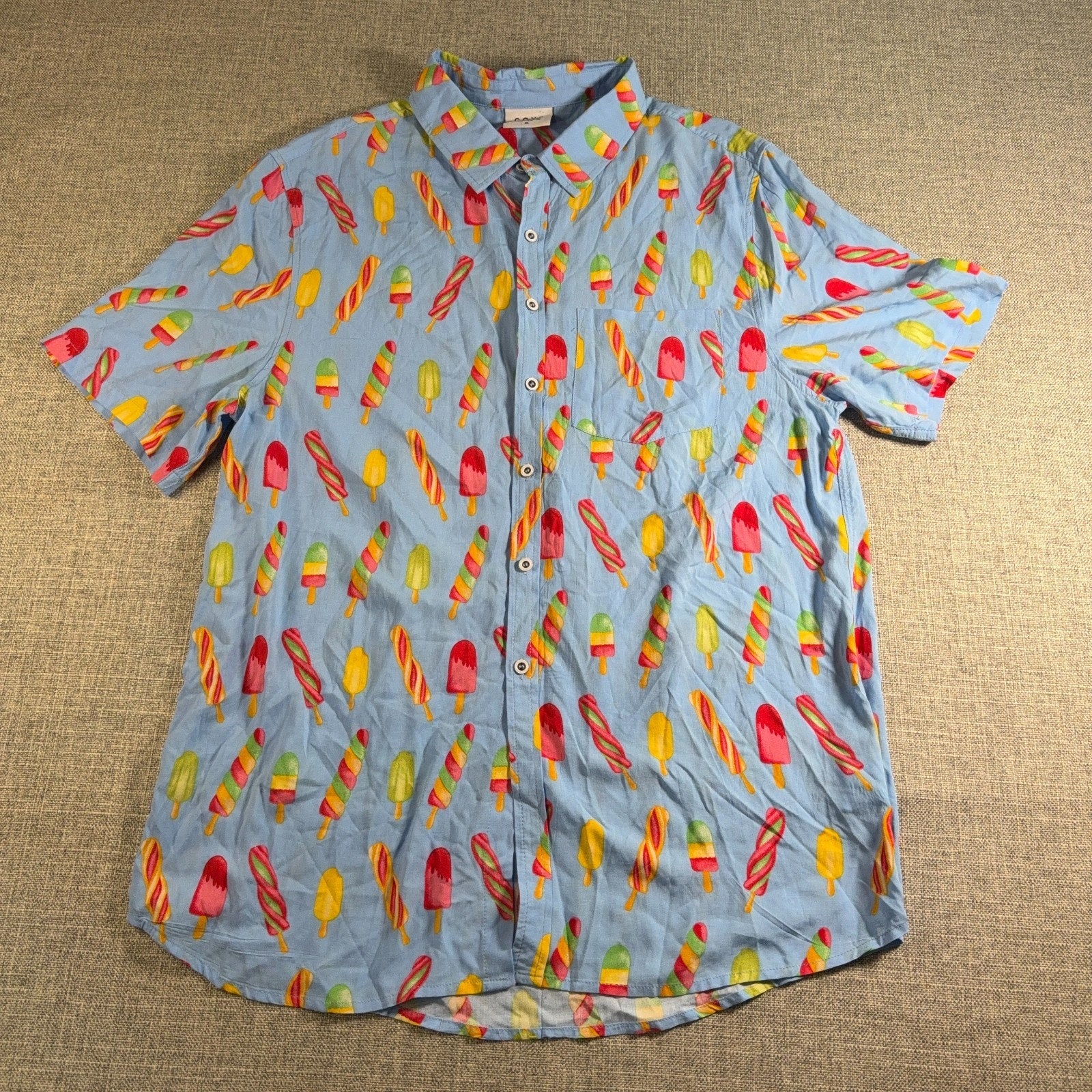 Cove Mens XL Rayon Button Up Shirt Blue Popsicle Print Novelty Vacation Beach