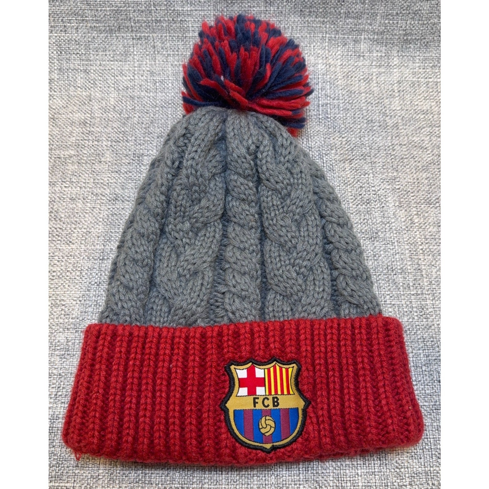 FC Barcelona Official Cable Knit Pom Beanie Hat Gray Red FCB Soccer Adult OS