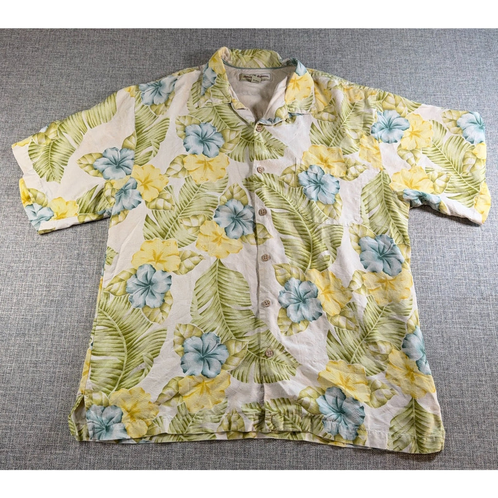 Tommy Bahama Shirt Men L 100% Silk Hibiscus Floral Hawaiian Camp Jacquard