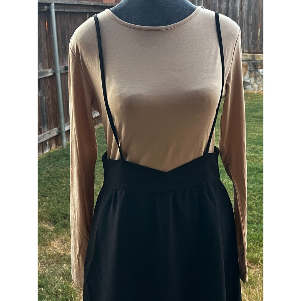 Black Suspender Midi Skirt Pinafore Dark Academia Minimalist A-Line