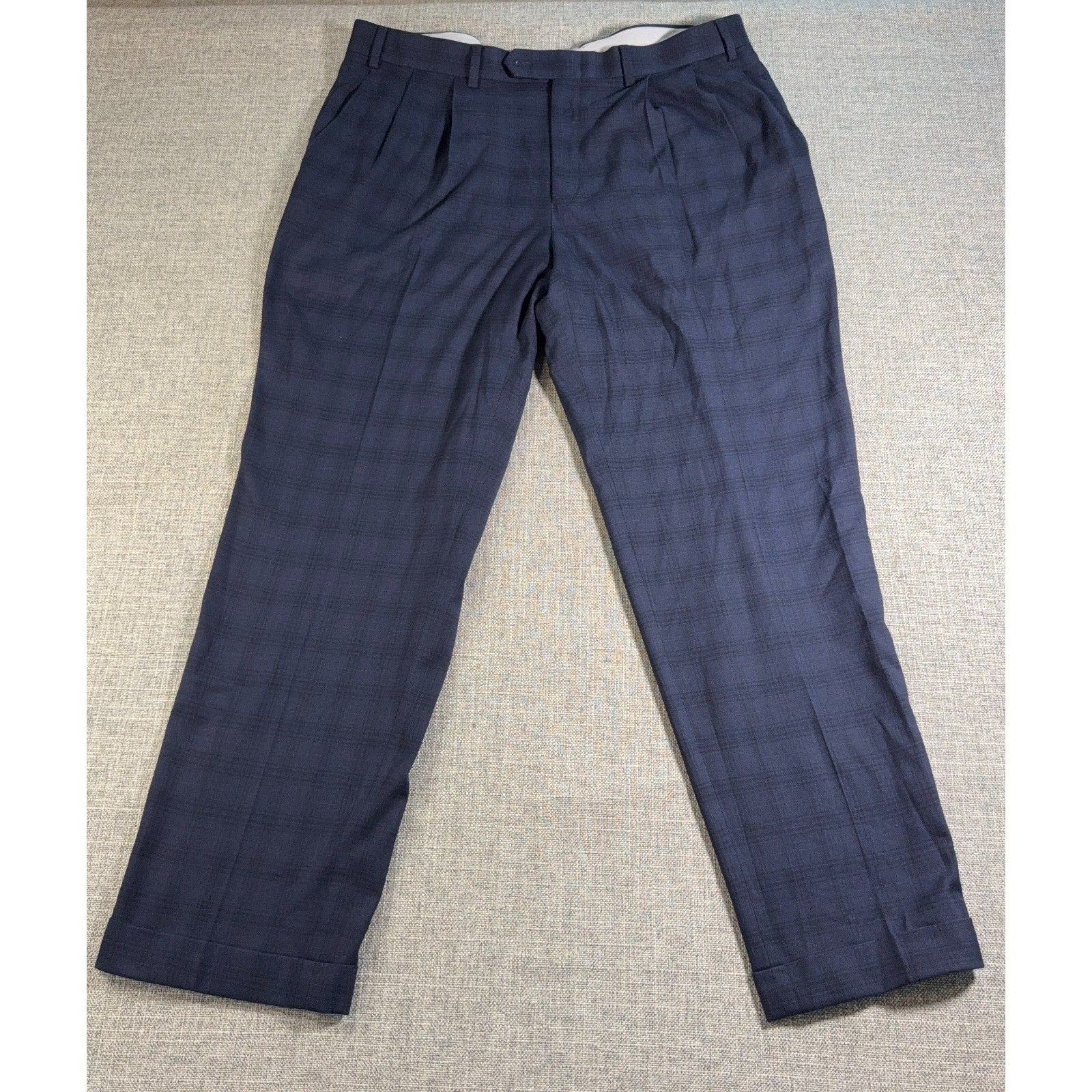 Ralph Lauren Mens Dress Pants 36x30 Navy Plaid Pleated Cuffed Stretch