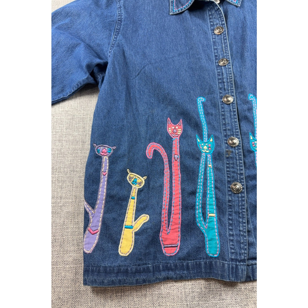 Life Style Plus Denim Cat Shirt Womens Embroidered Applique Whimsical Novelty