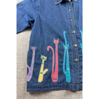 Life Style Plus Denim Cat Shirt Womens Embroidered Applique Whimsical Novelty
